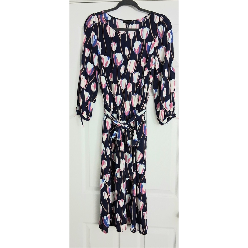 Talbots Dress Size Medium Navy Pink Tulip Print Blouson Sleeve Midi Cottagecore